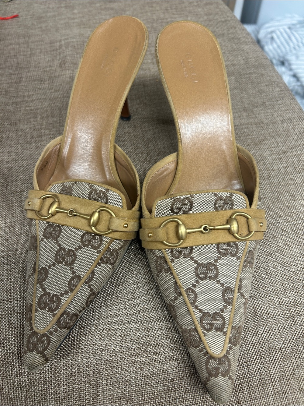 Gucci Beige/Tan GG Canvas Pointed-Toe Mule with Gold Horsebit